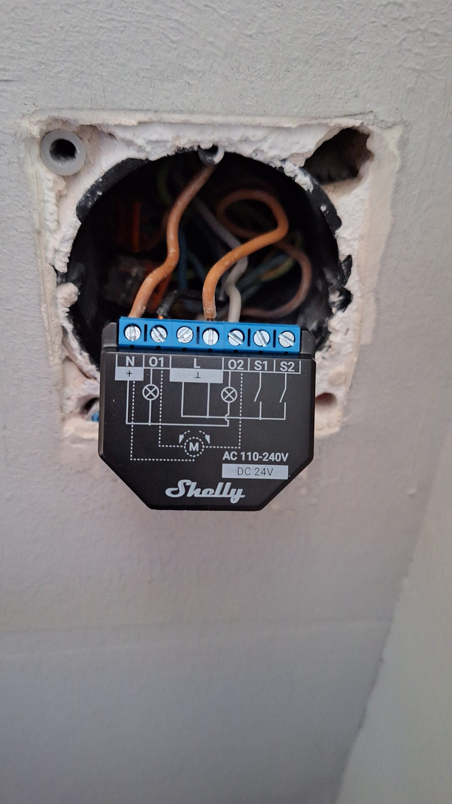 Shelly 2PM fertig verkabelt in der Unterputzdose