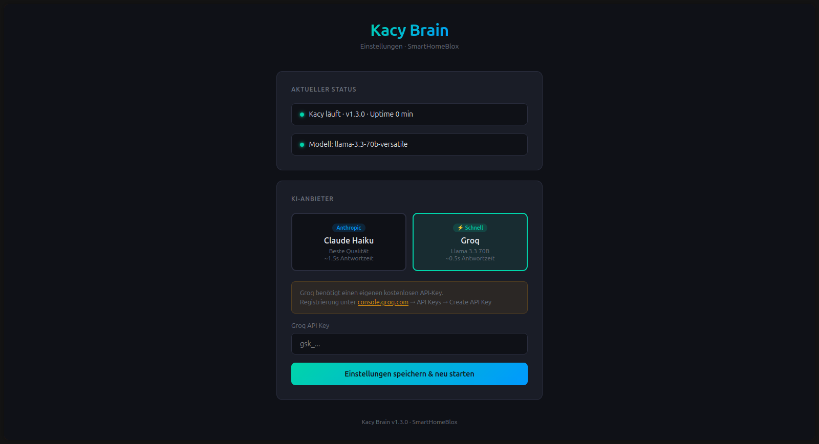 Kacy Settings UI showing AI provider selection between Claude Haiku and Groq
